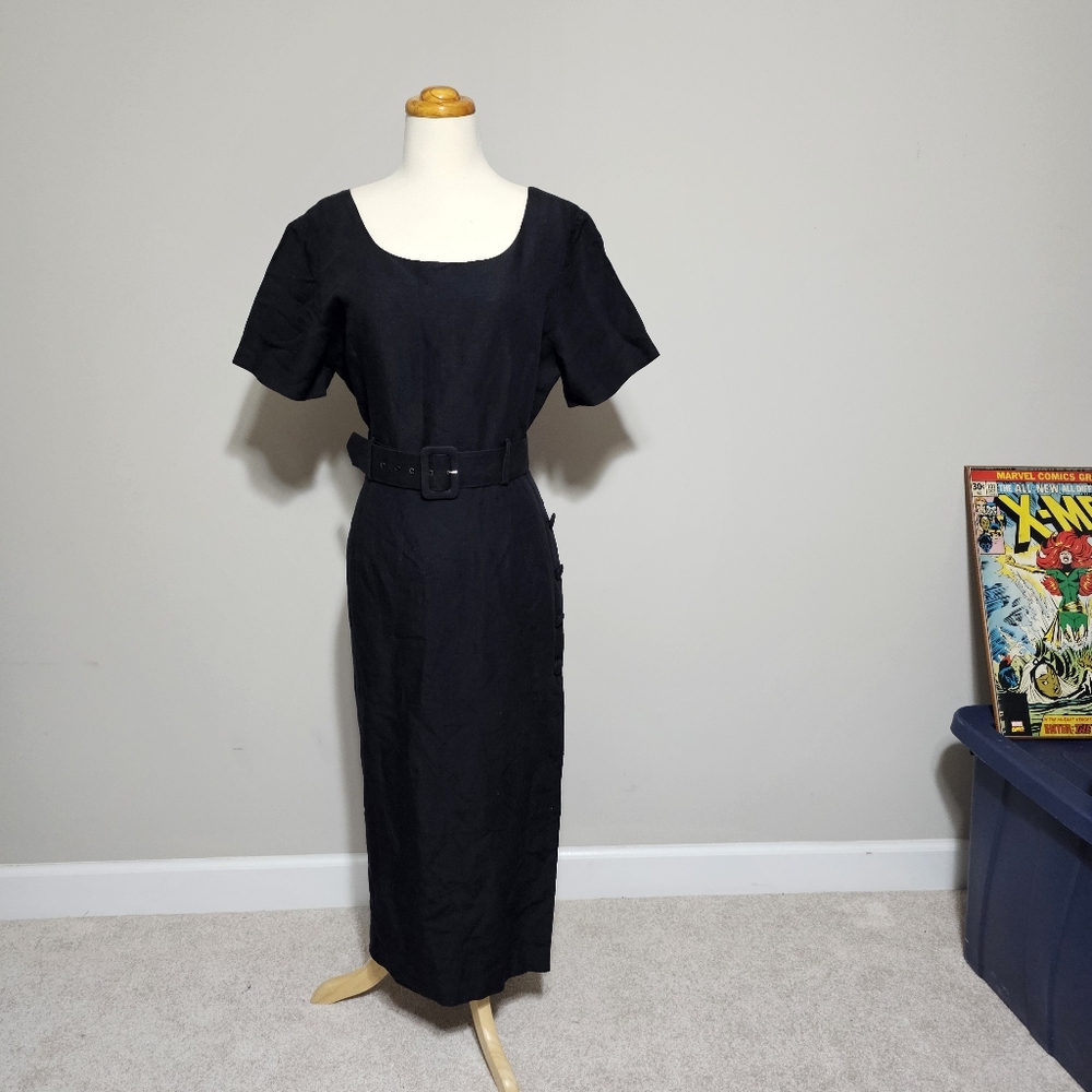 Vintage New York Studio Black Linen Blend Belted Midi Dress - Size 12